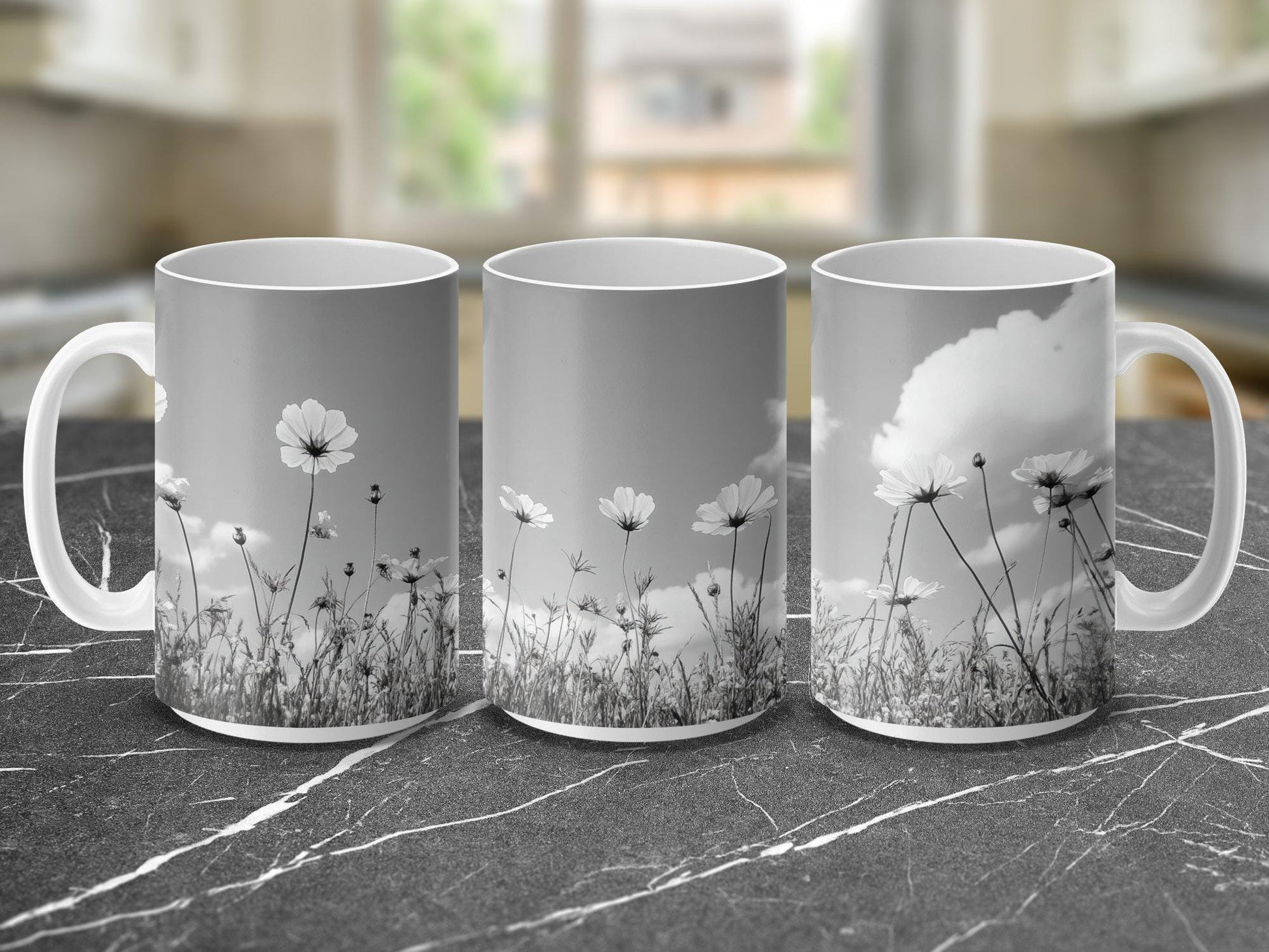 Black and White Flower Mug, Floral Mug with Wildflowers, Nature Inspired Coffee Mug, Unique Gift for Flower Lovers, Ceramic Mug