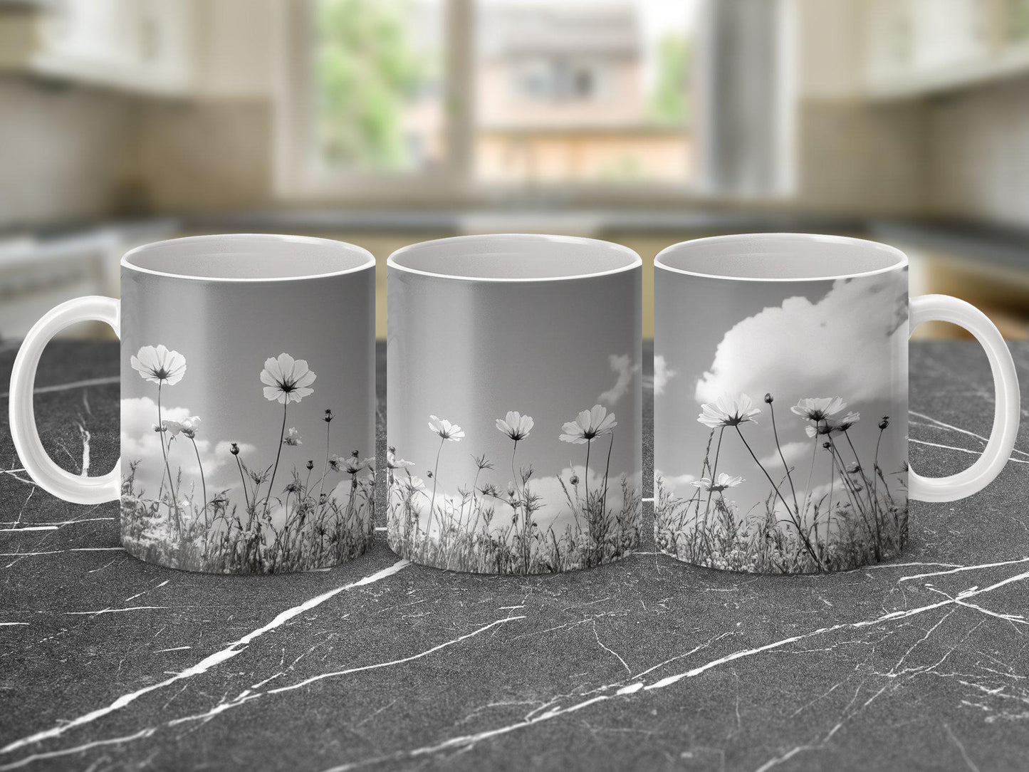 Black and White Flower Mug, Floral Mug with Wildflowers, Nature Inspired Coffee Mug, Unique Gift for Flower Lovers, Ceramic Mug