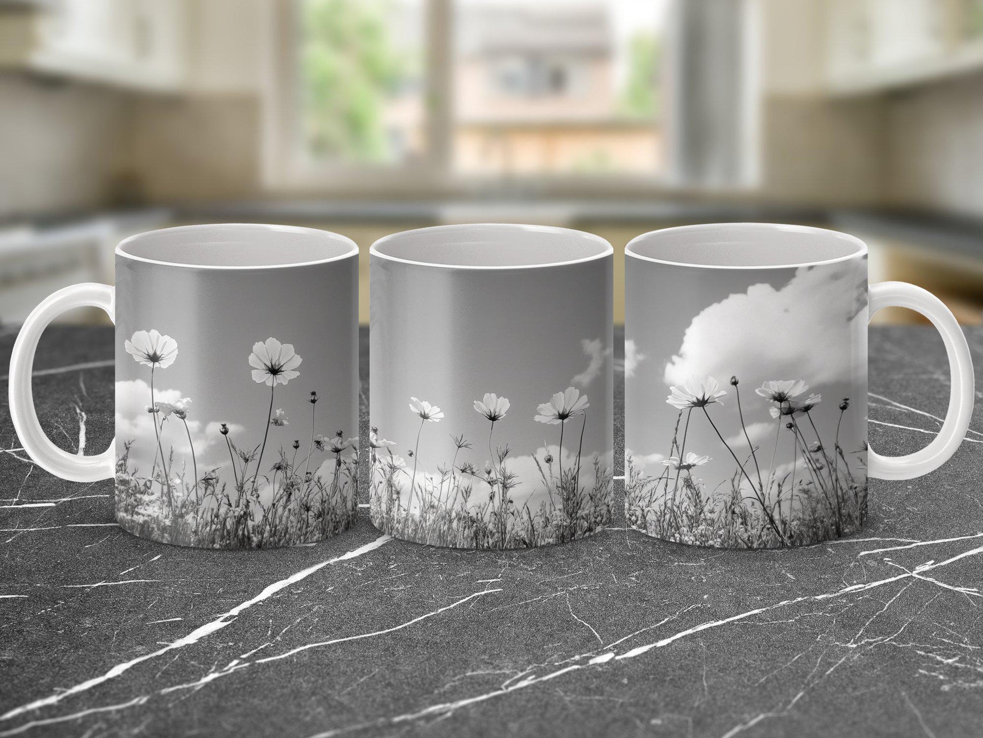 Black and White Flower Mug, Floral Mug with Wildflowers, Nature Inspired Coffee Mug, Unique Gift for Flower Lovers, Ceramic Mug