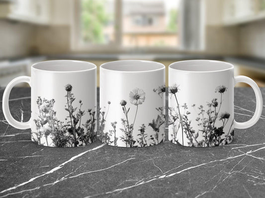 Black and White Floral Mug, Botanical Art Coffee Cup, Unique Flower Design Mug, Monochrome Mug for Nature Lovers, Gift for Plant Enthusiasts