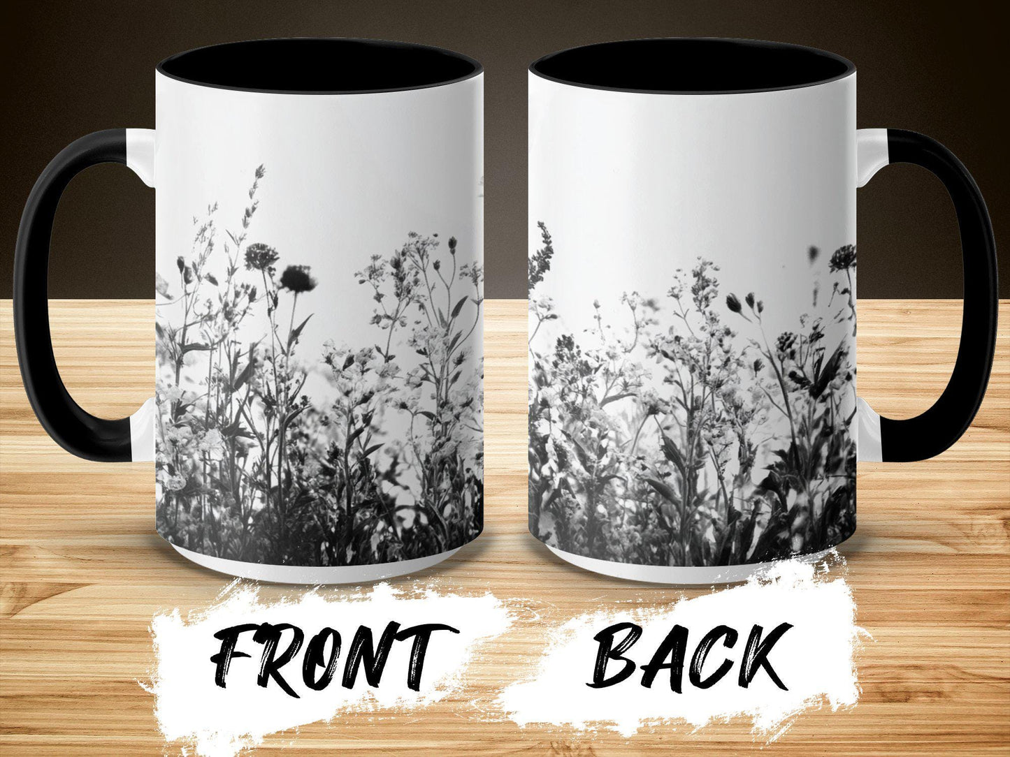 Wildflower Design Mug, Vintage Floral Coffee Mug, Black and White Botanical Print, Unique Gift for Nature Lovers, Tea Cup, Home Decor