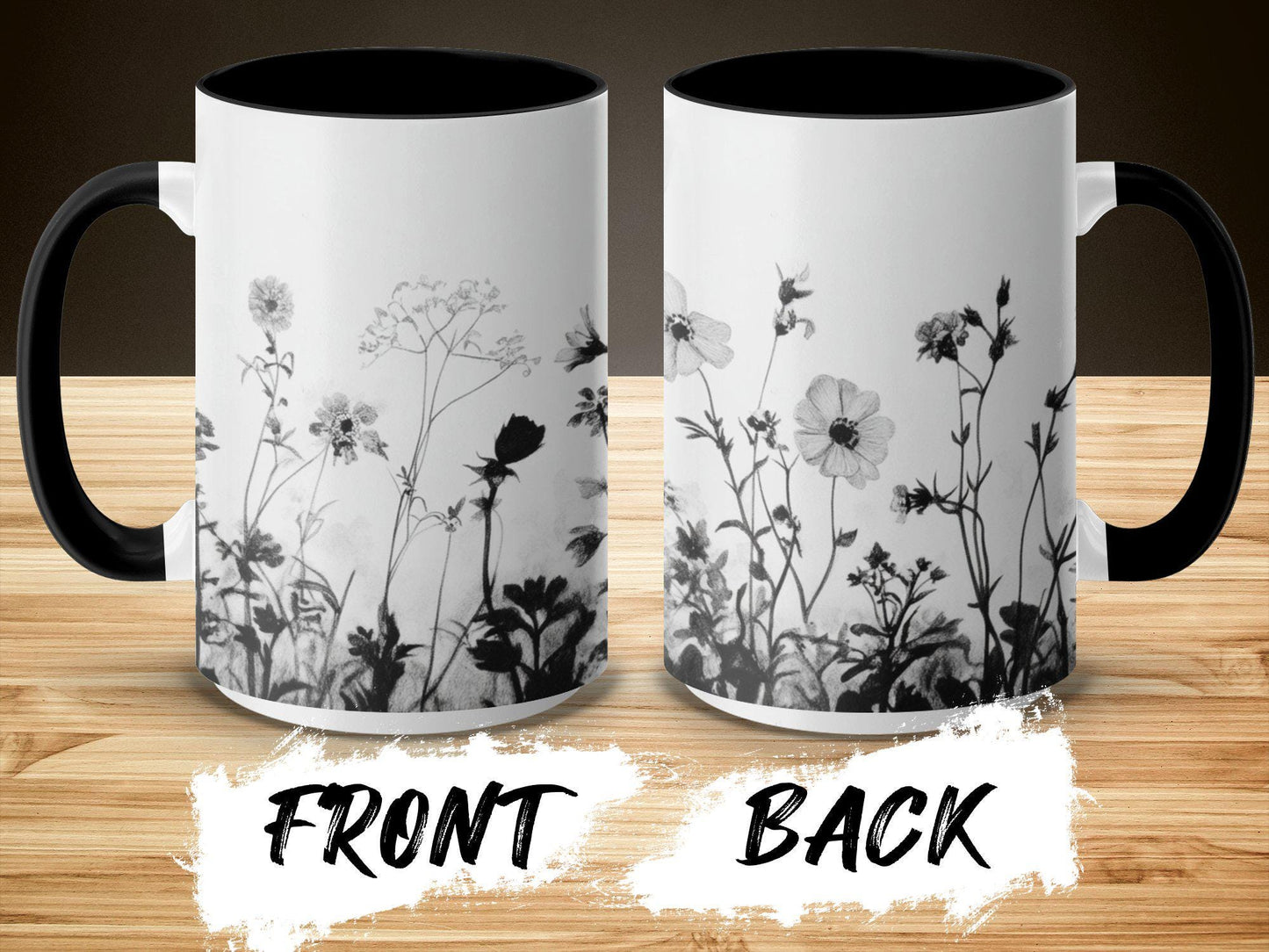 Black and White Floral Mug, Wildflower Sketch Coffee Cup, Botanical Art Tea Mug, Nature Inspired Flower Mug, Unique Gift Idea for Her