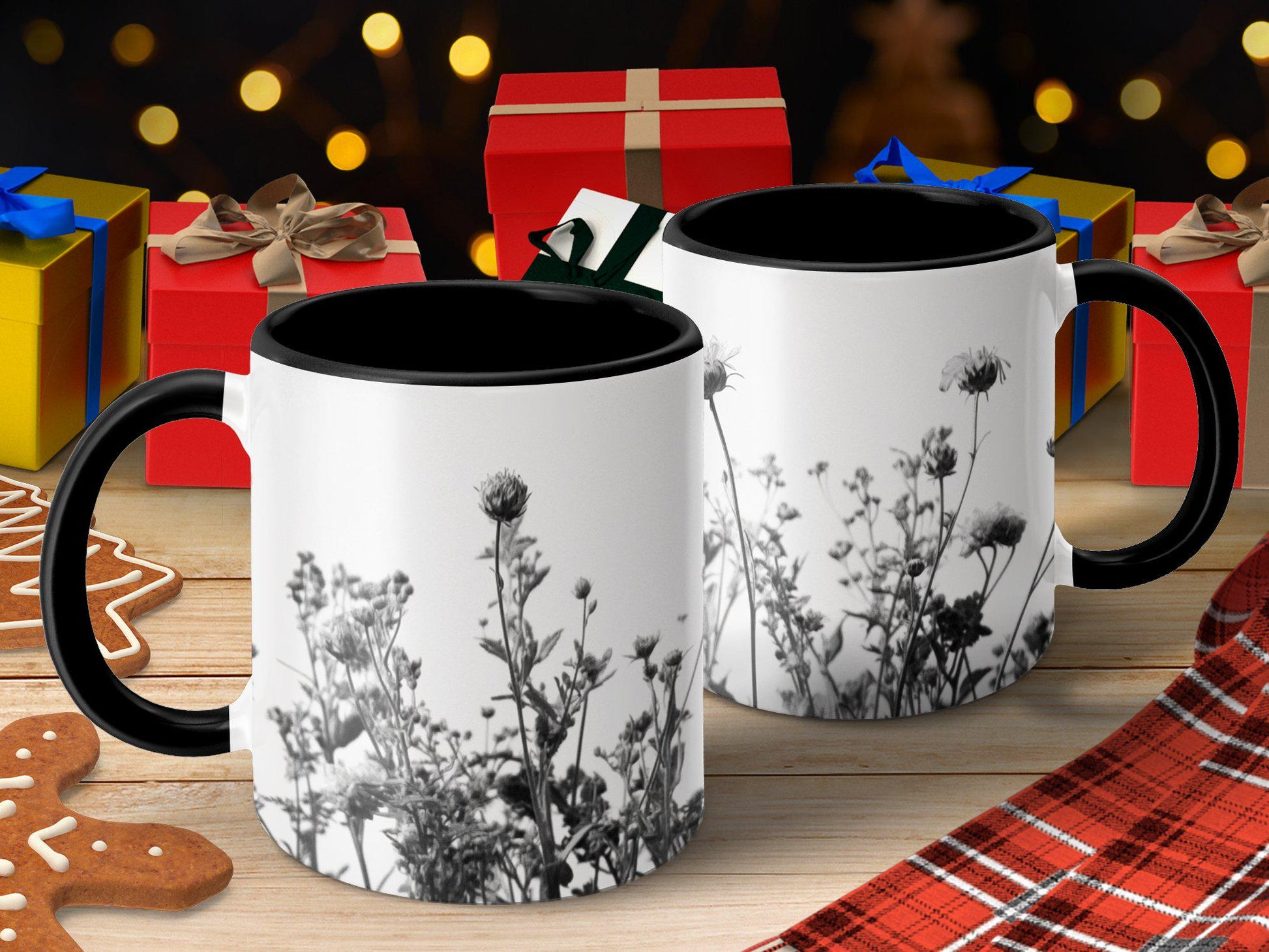 Black and White Floral Mug, Botanical Art Coffee Cup, Unique Flower Design Mug, Monochrome Mug for Nature Lovers, Gift for Plant Enthusiasts