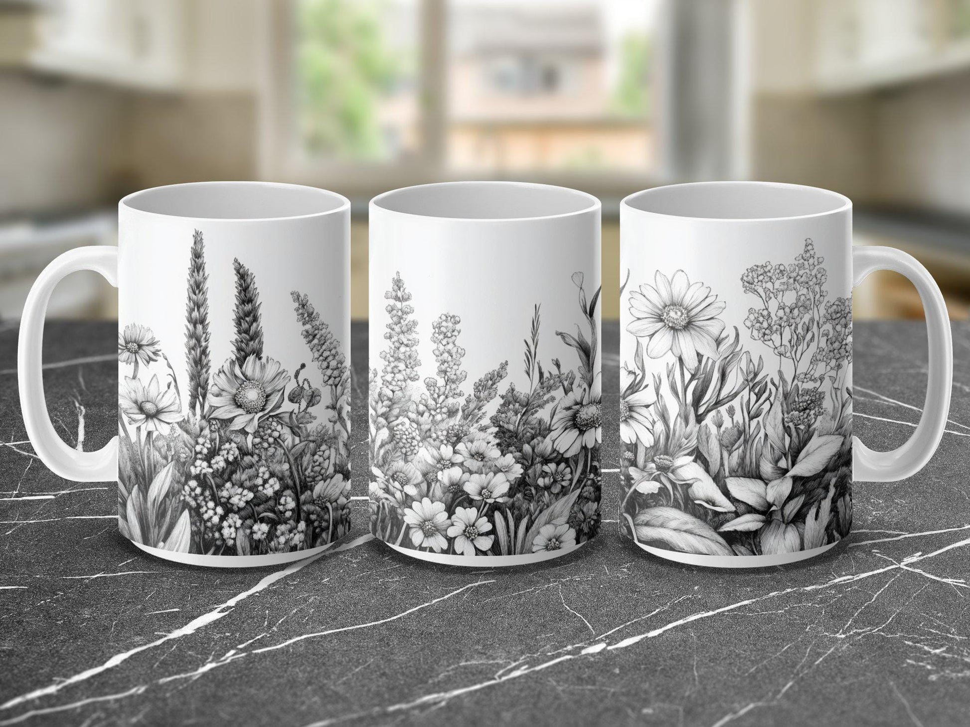 Beautiful floral sketch mug, Botanical flower illustration coffee cup, Artistic nature-inspired drinkware, Unique gift for plant lovers