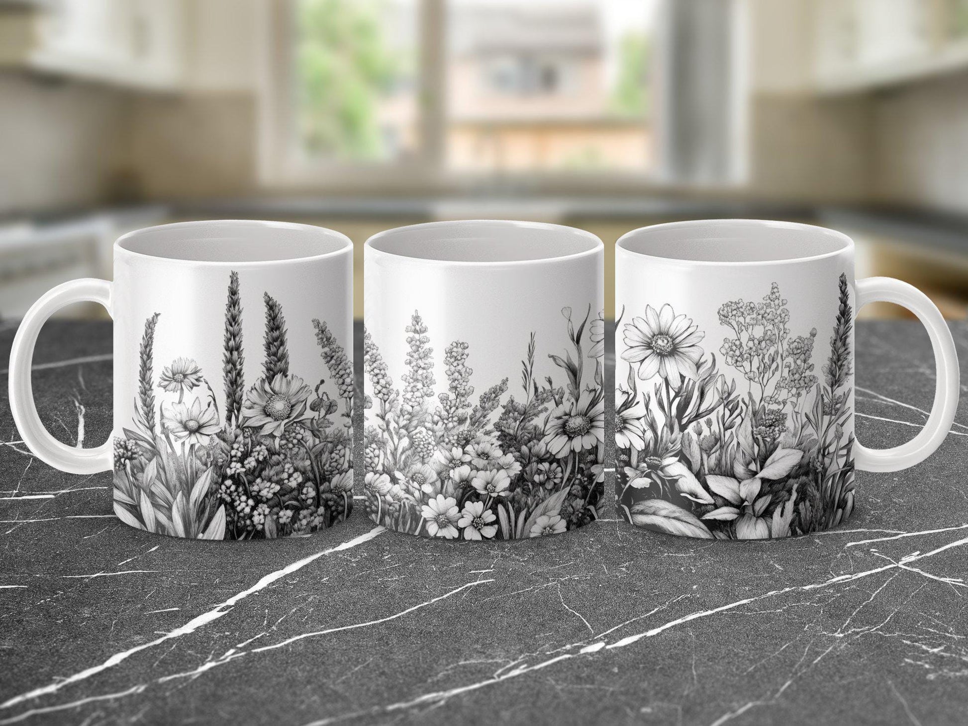 Beautiful floral sketch mug, Botanical flower illustration coffee cup, Artistic nature-inspired drinkware, Unique gift for plant lovers