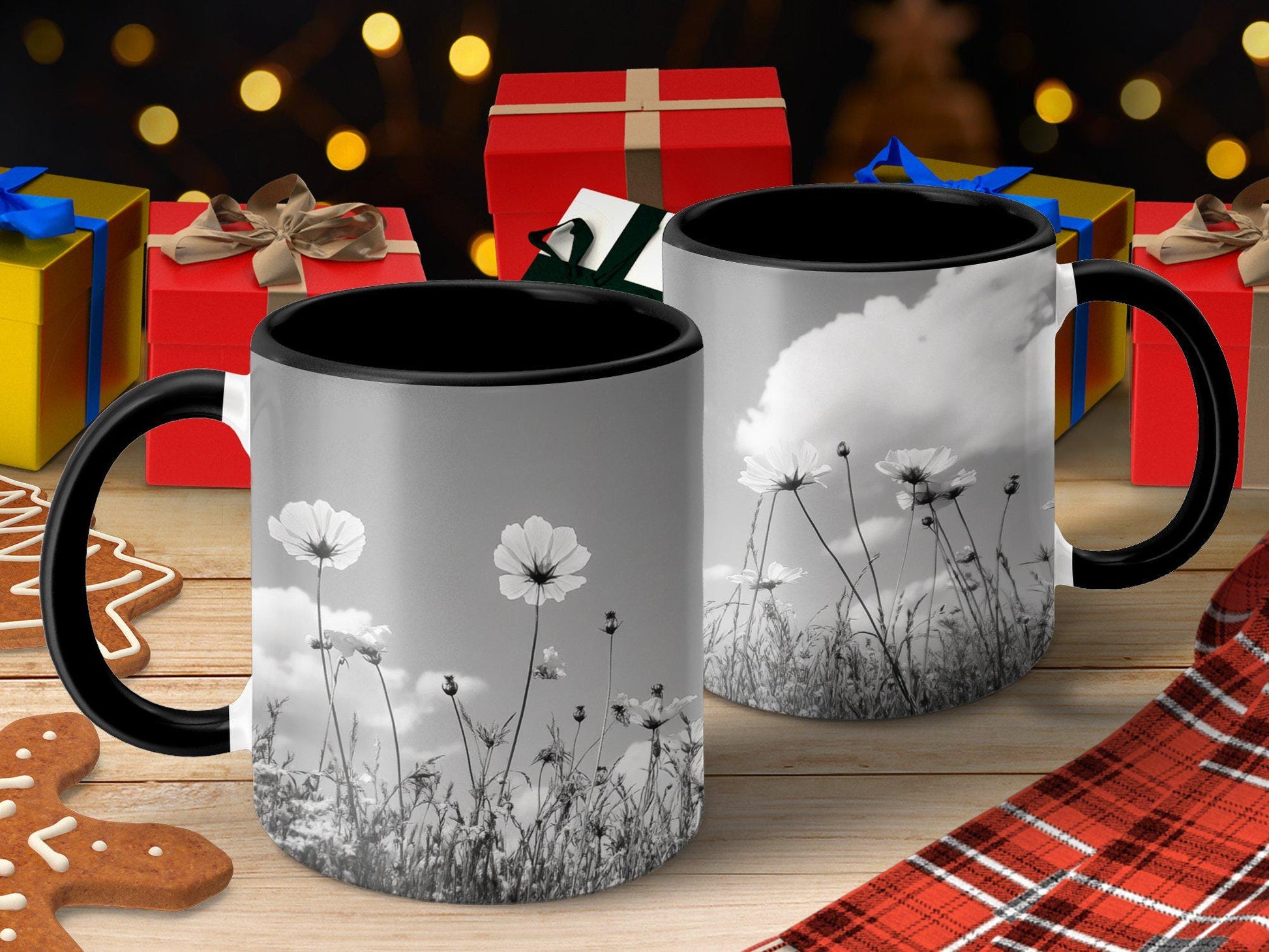 Black and White Flower Mug, Floral Mug with Wildflowers, Nature Inspired Coffee Mug, Unique Gift for Flower Lovers, Ceramic Mug