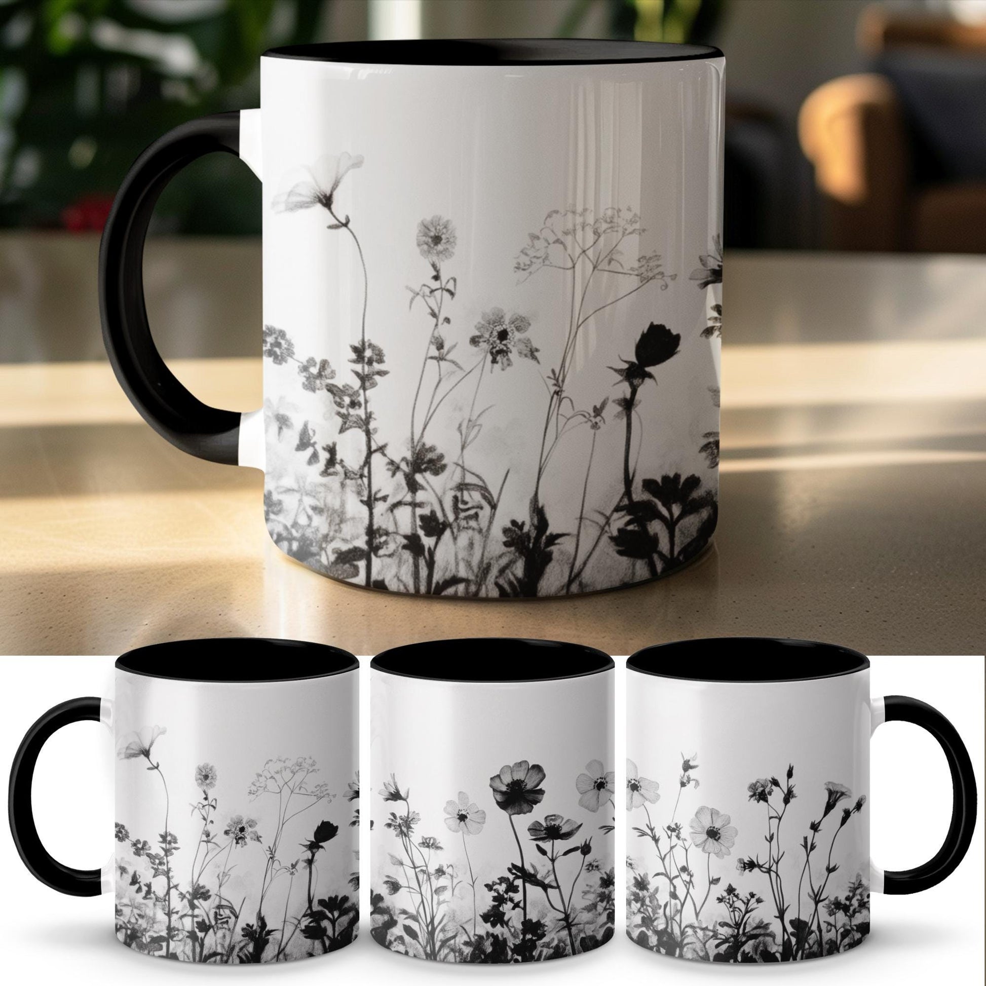 Black and White Floral Mug, Wildflower Sketch Coffee Cup, Botanical Art Tea Mug, Nature Inspired Flower Mug, Unique Gift Idea for Her