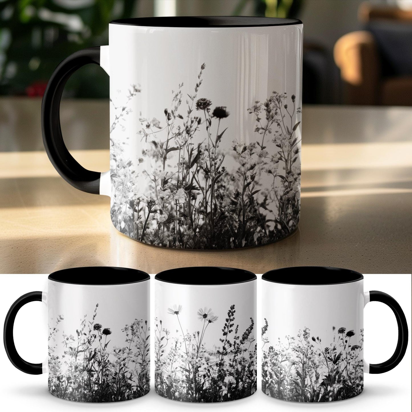 Wildflower Design Mug, Vintage Floral Coffee Mug, Black and White Botanical Print, Unique Gift for Nature Lovers, Tea Cup, Home Decor