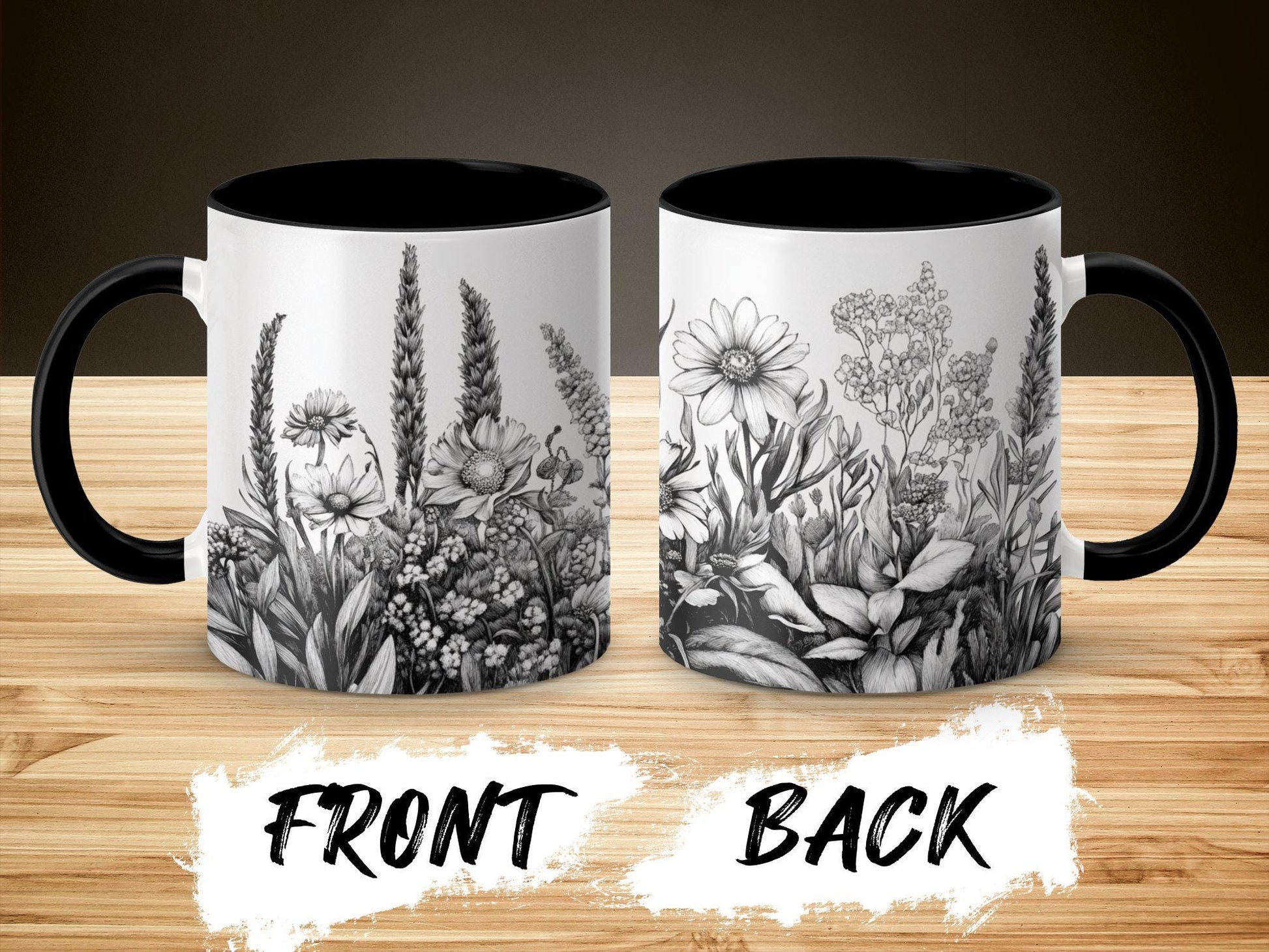 Beautiful floral sketch mug, Botanical flower illustration coffee cup, Artistic nature-inspired drinkware, Unique gift for plant lovers