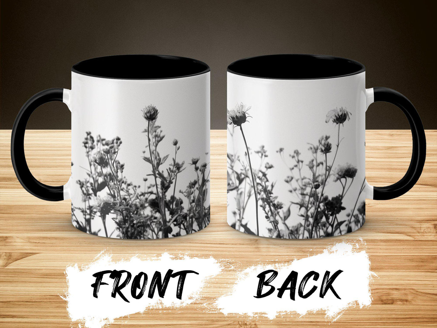 Black and White Floral Mug, Botanical Art Coffee Cup, Unique Flower Design Mug, Monochrome Mug for Nature Lovers, Gift for Plant Enthusiasts