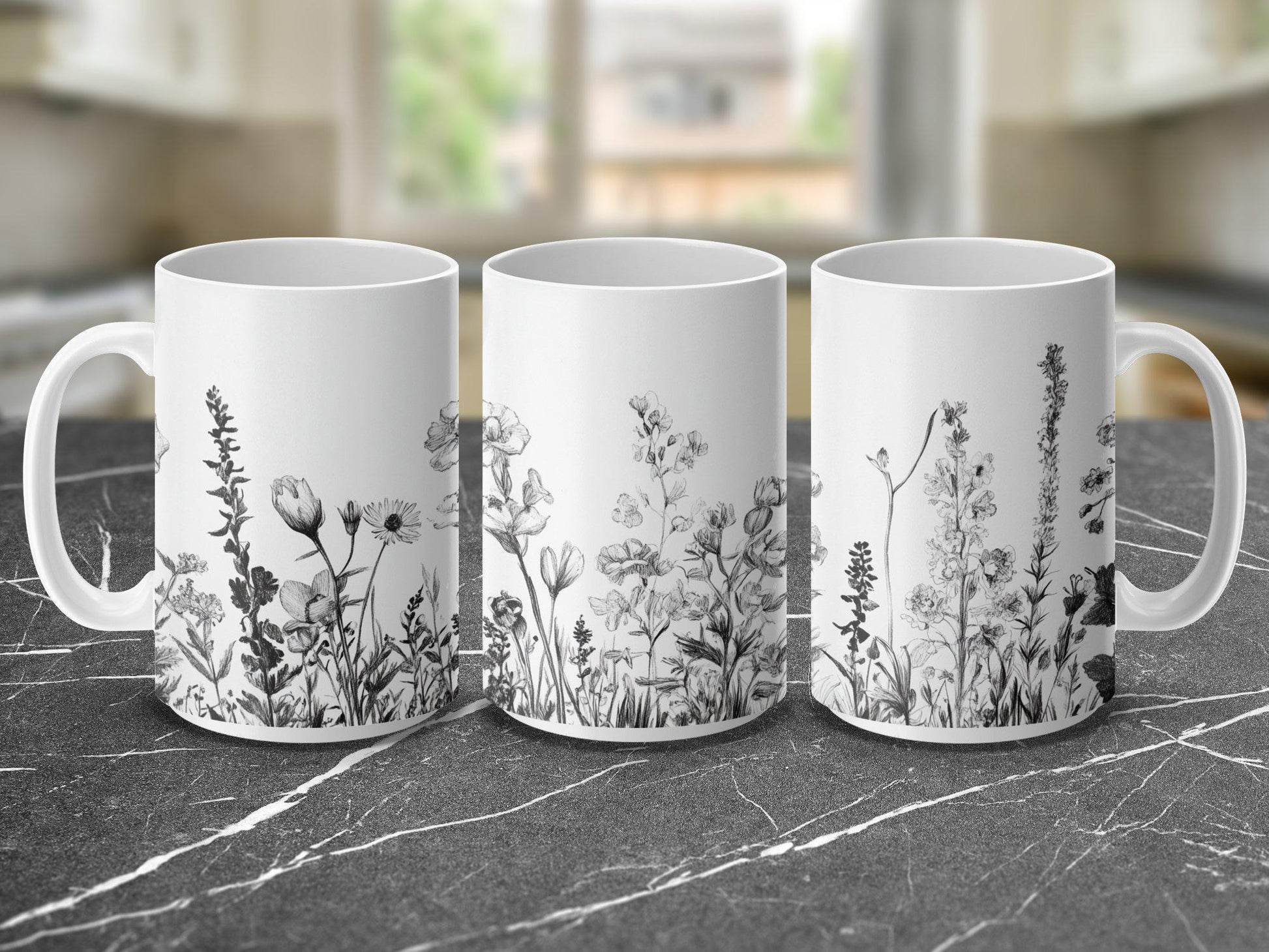 Vintage Floral Art Mug Hand Drawn Botanical Print, Coffee Tea Cup, Black and White Flower Illustration, Gift for Nature Lovers