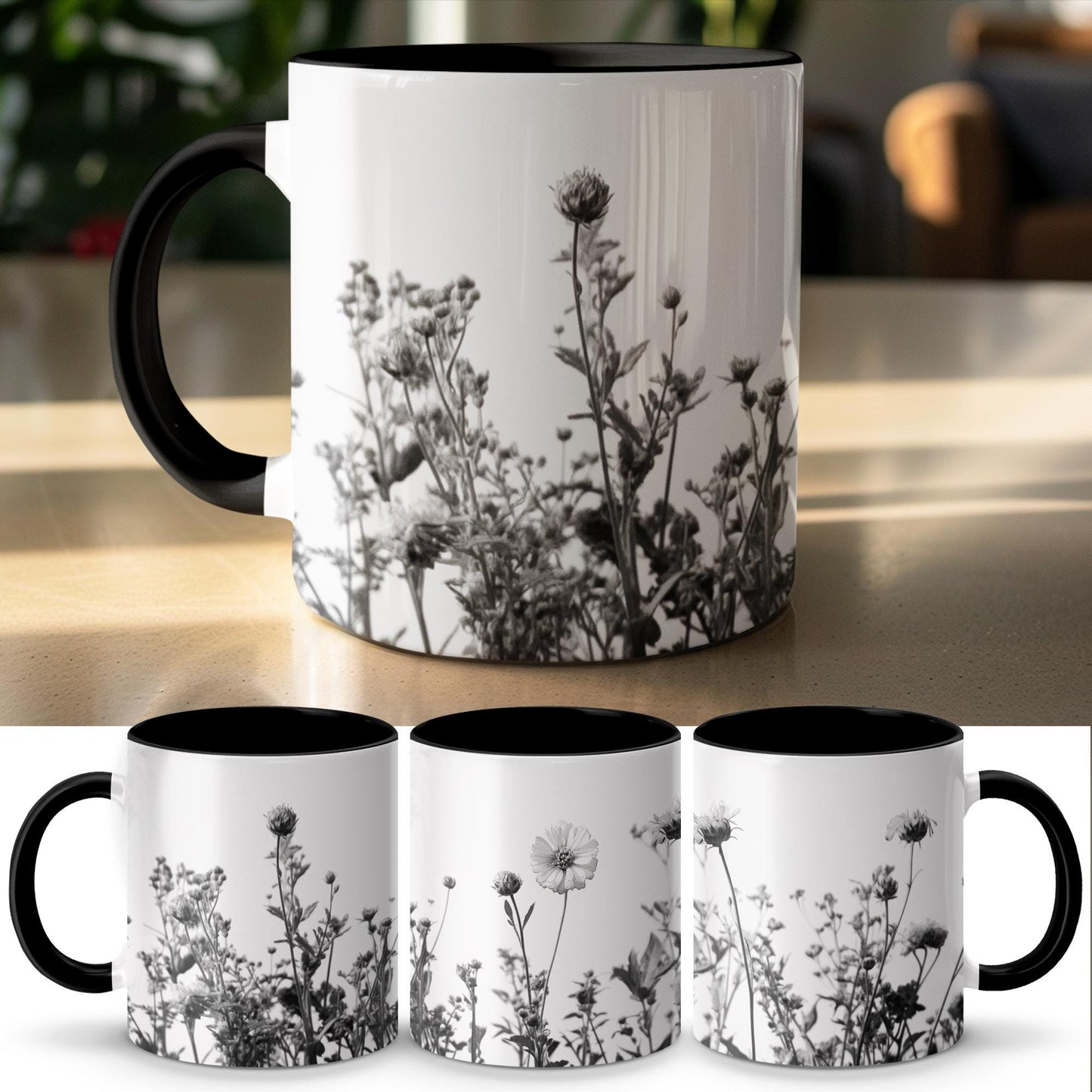 Black and White Floral Mug, Botanical Art Coffee Cup, Unique Flower Design Mug, Monochrome Mug for Nature Lovers, Gift for Plant Enthusiasts