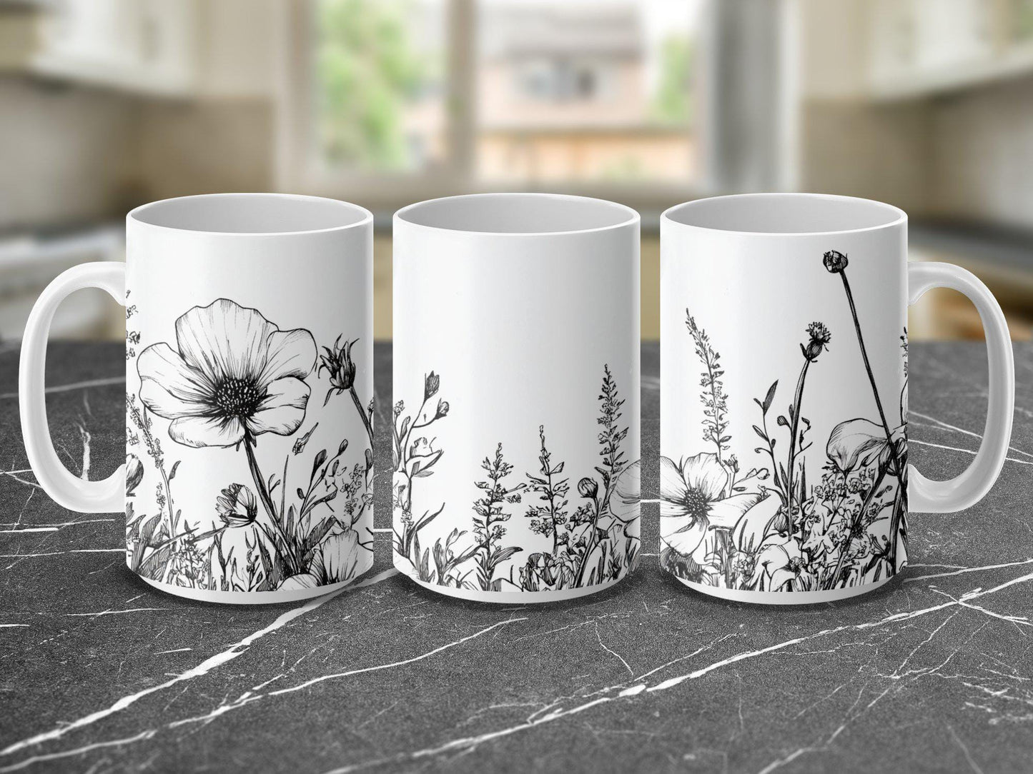 Floral coffee mug, Black and white flower design, Botanical tea cup, Artistic floral print, Wildflower sketch mug, Unique gift idea