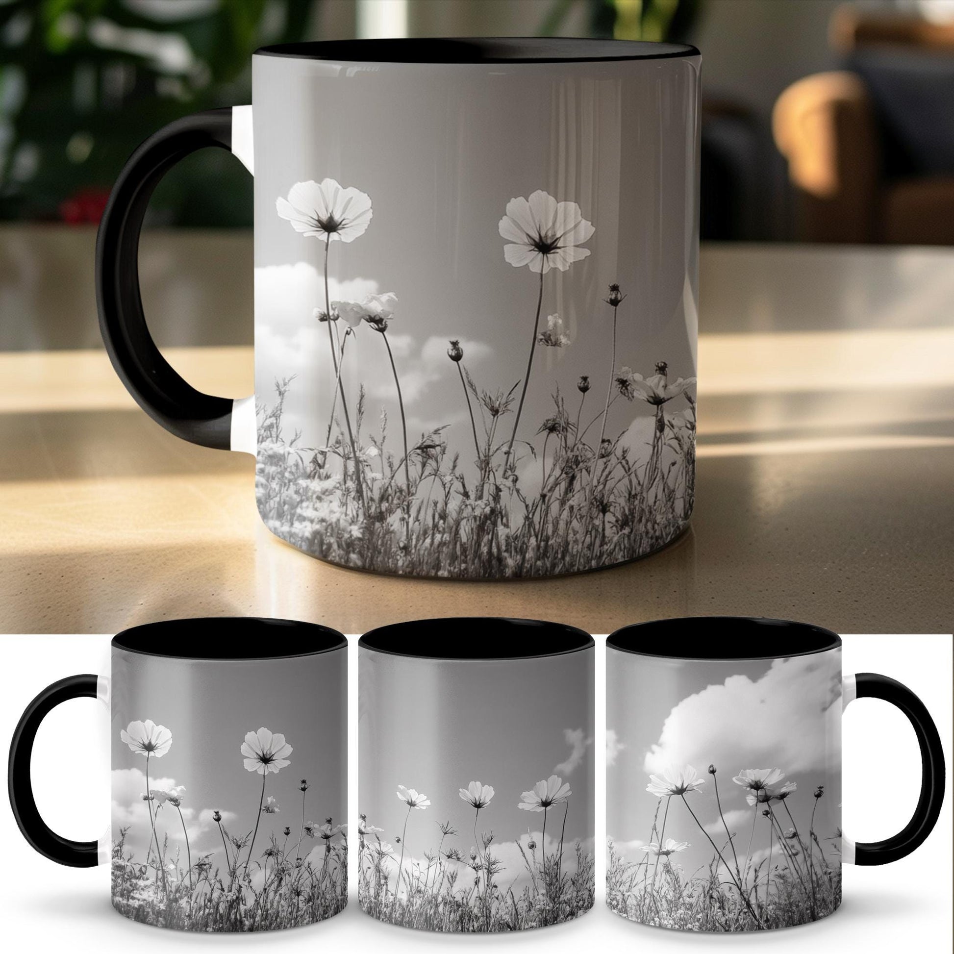 Black and White Flower Mug, Floral Mug with Wildflowers, Nature Inspired Coffee Mug, Unique Gift for Flower Lovers, Ceramic Mug