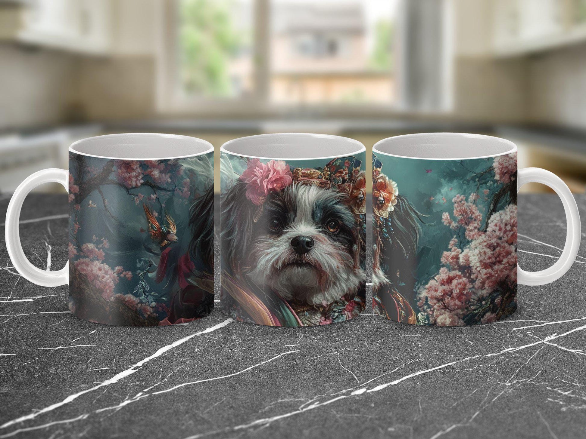 Cute Floral Dog Mug, Adorable Dog in Flowers Coffee Mug, Unique Gift for Dog Lovers, Artistic Dog Print Mug, High-Quality Ceramic