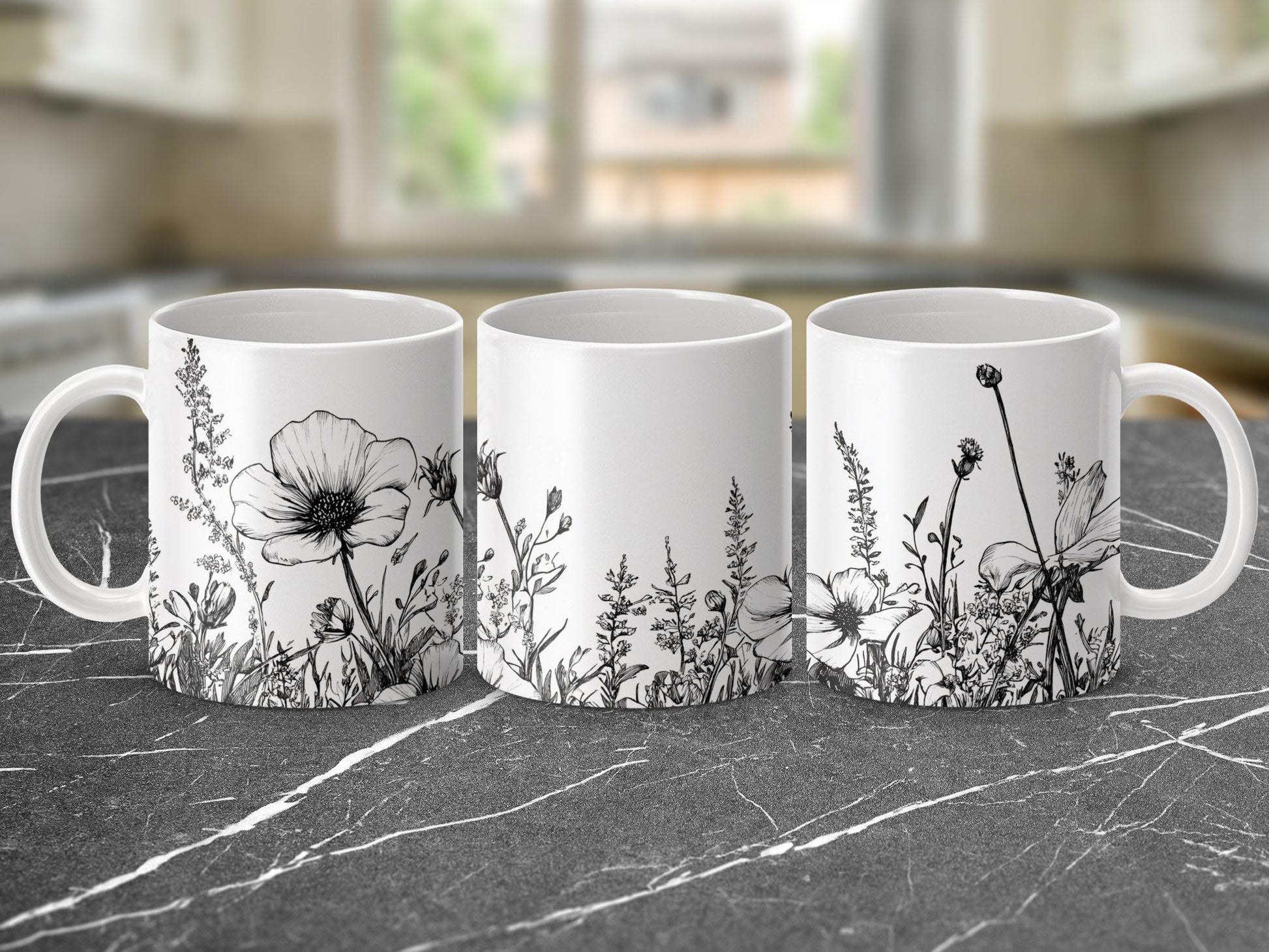 Floral coffee mug, Black and white flower design, Botanical tea cup, Artistic floral print, Wildflower sketch mug, Unique gift idea