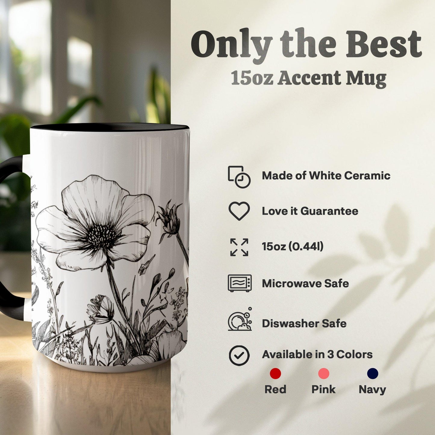 Floral coffee mug, Black and white flower design, Botanical tea cup, Artistic floral print, Wildflower sketch mug, Unique gift idea