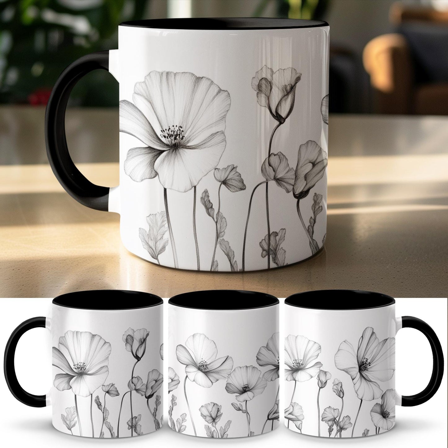 Floral Sketch Mug, Black and White Flower Mug, Botanical Art Mug, Artistic Flower Design Mug, Modern Floral Coffee Cup