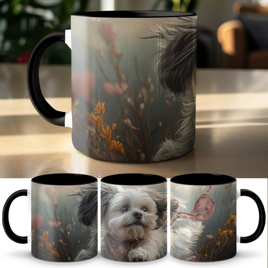 Cute Dog Mug, Floral Dog Art Mug, Pet Lovers Coffee Mug, Adorable Puppy Ceramic Cup, Unique Gift for Dog Owners, Dog Mom Mug