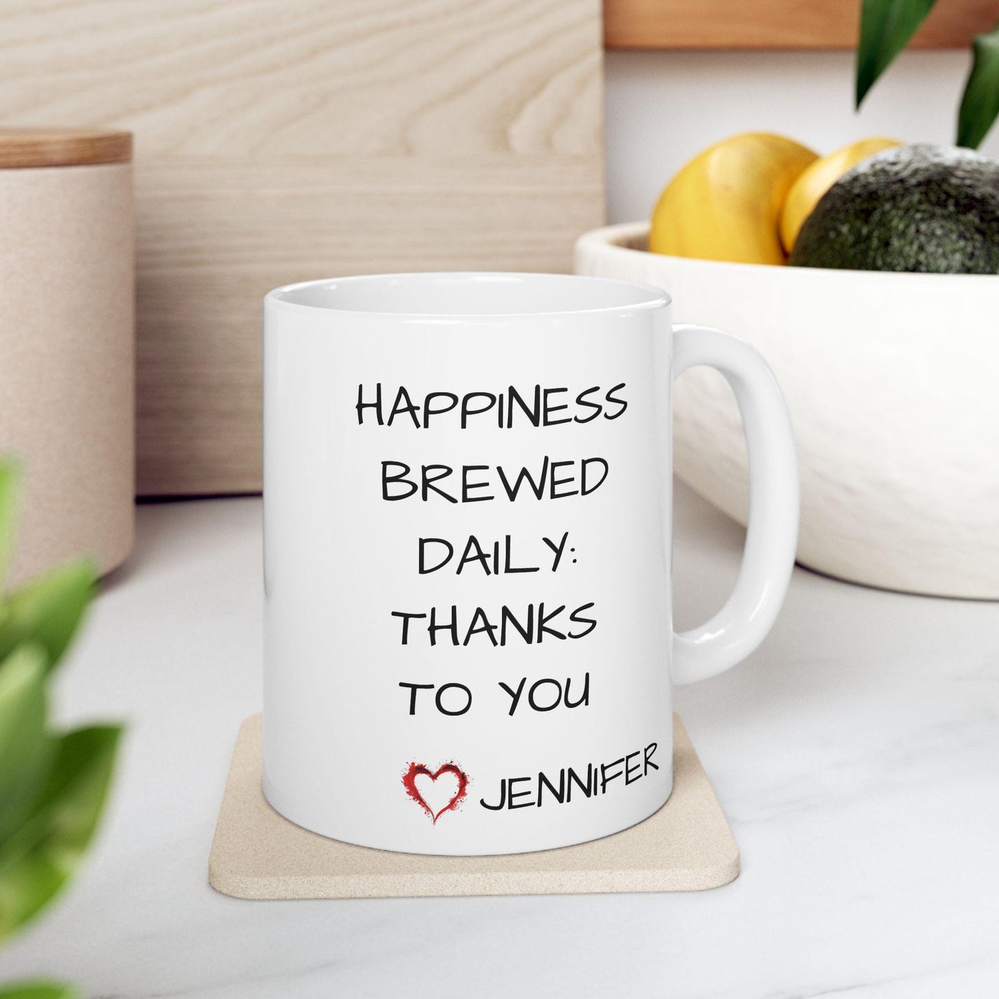 Personalized "Happiness Brewed Daily: Thanks to You" Mug - Appreciation Gift for Loved Ones or Coworkers - Ceramic Design