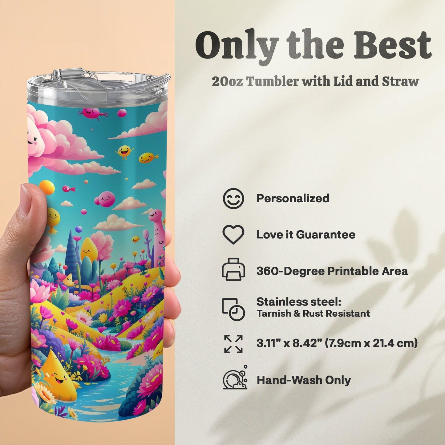 Cute Pastel Fantasy Happy Face Tumbler, Colorful Whimsical Nature Design with Smiling Clouds, Lotus Flowers, Perfect Gift