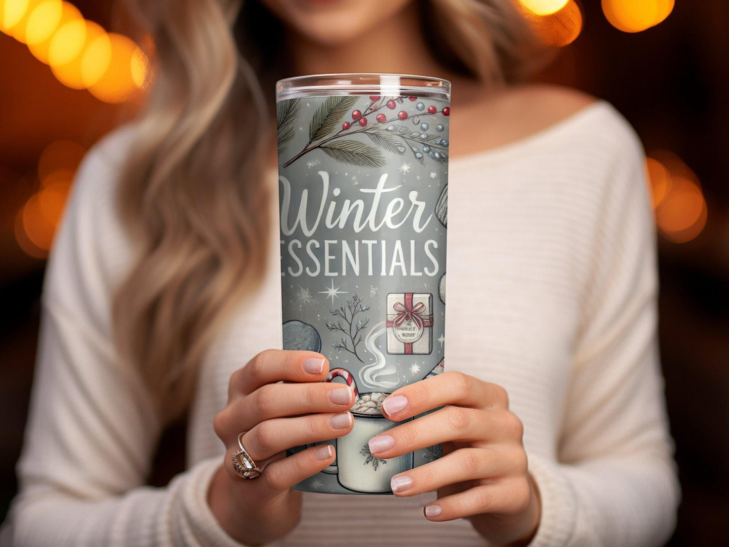 Winter Essentials Tumbler with Cozy Hot Chocolate Winter Accessories Festive Mugs Warm Mittens Cute Socks Great Gift Idea