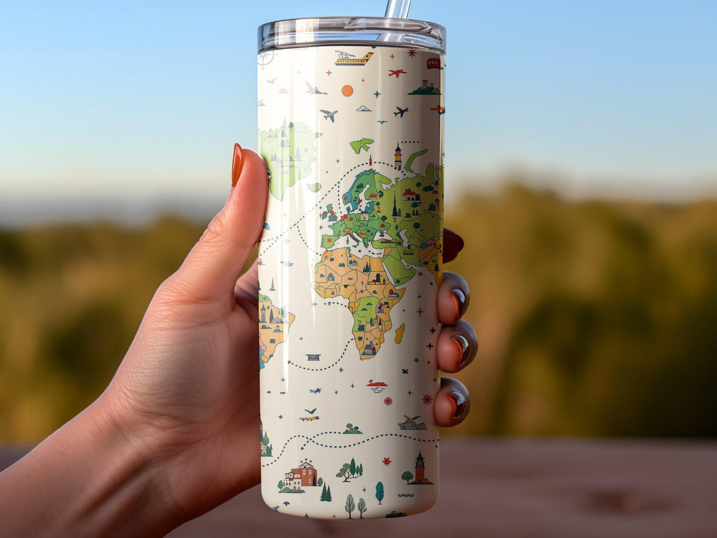 World Map Tumbler, Travel Themed Tumbler, Adventure Map Tumbler, Colorful World Travel Mug, Wanderlust Tumbler, Gift for Travelers