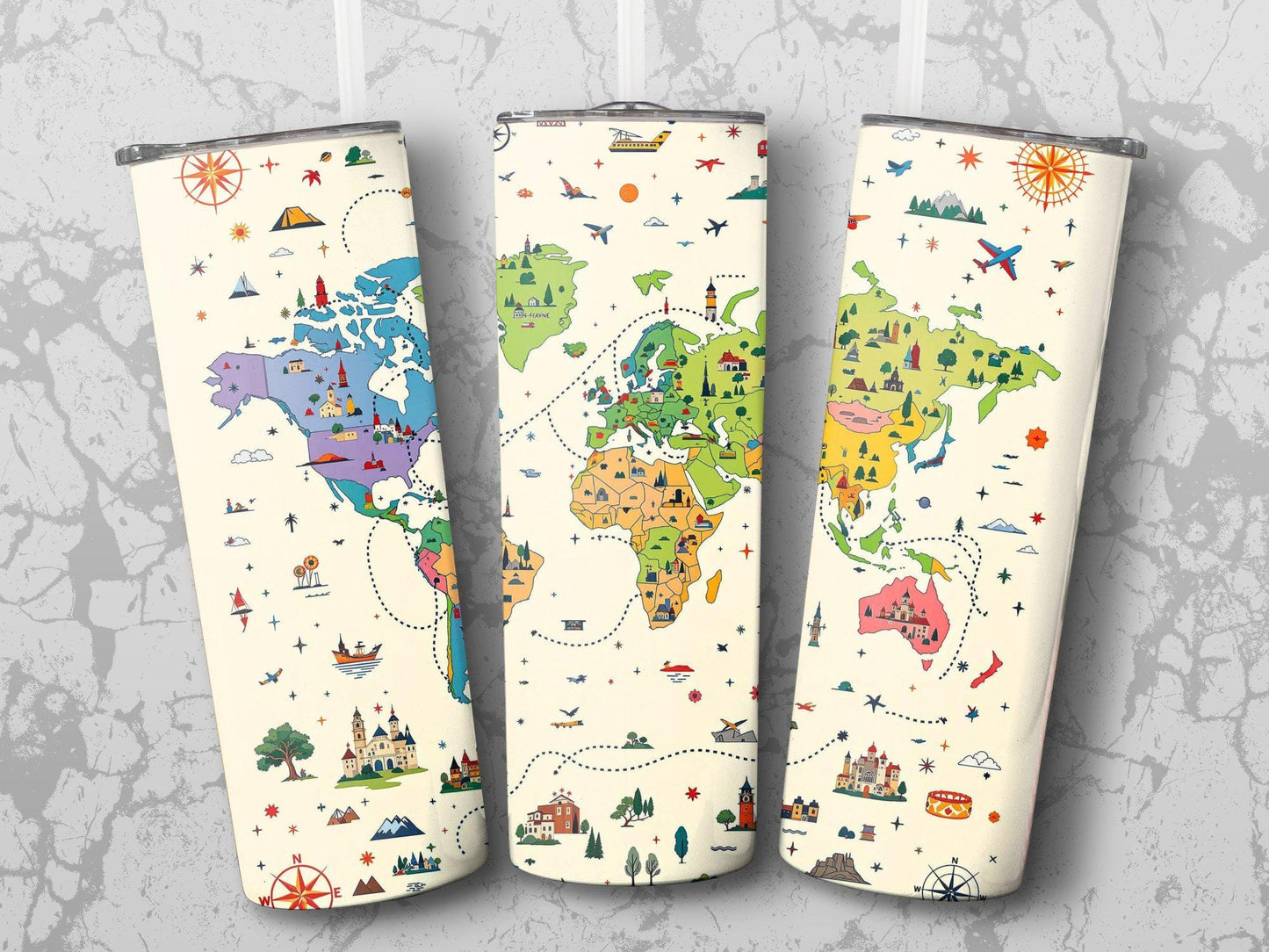 World Map Tumbler, Travel Themed Tumbler, Adventure Map Tumbler, Colorful World Travel Mug, Wanderlust Tumbler, Gift for Travelers