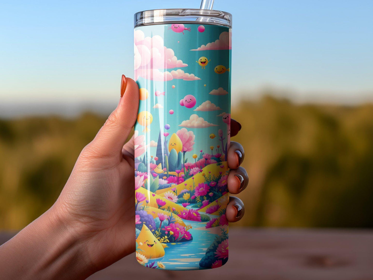 Cute Pastel Fantasy Happy Face Tumbler, Colorful Whimsical Nature Design with Smiling Clouds, Lotus Flowers, Perfect Gift