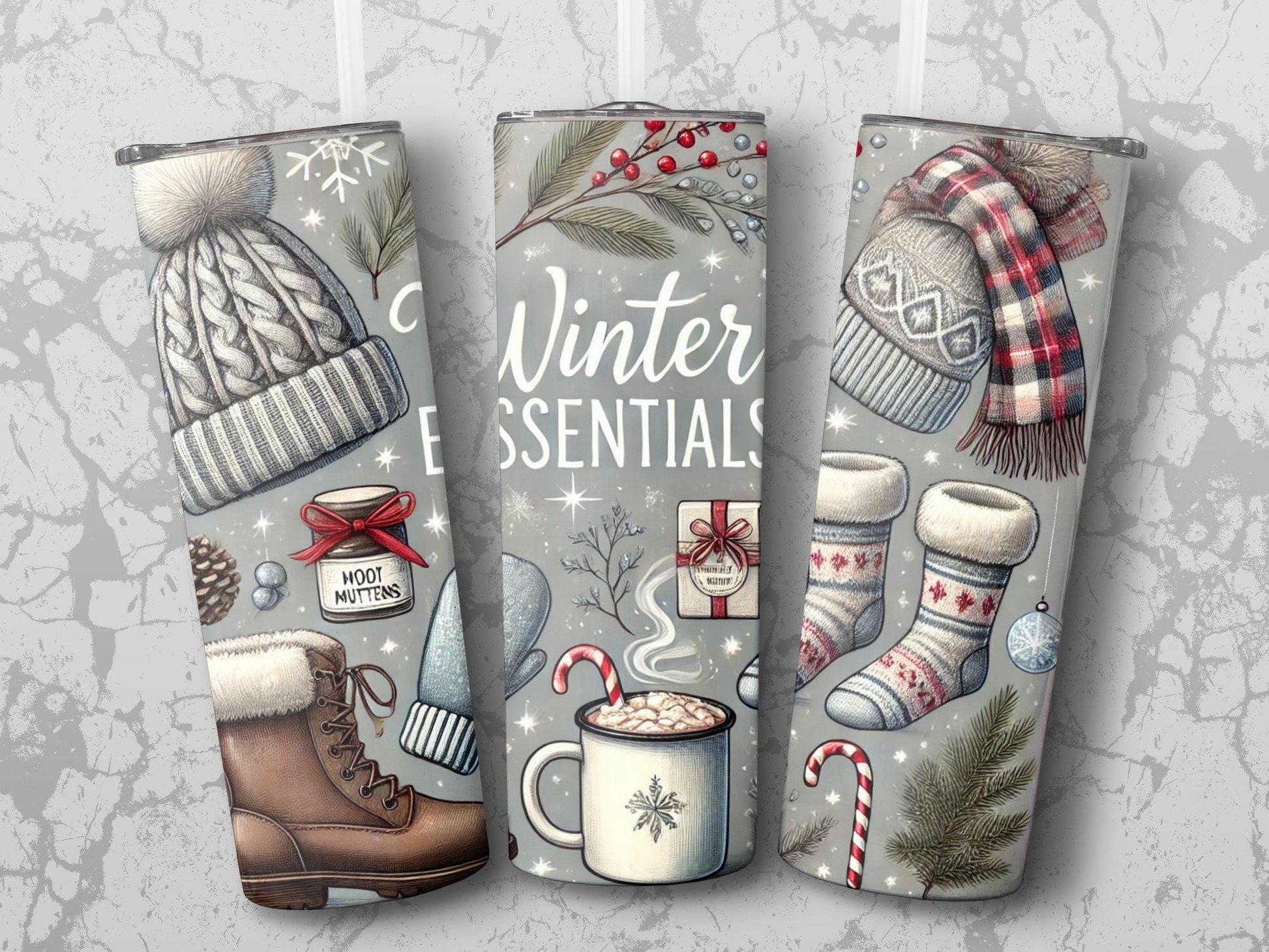 Winter Essentials Tumbler with Cozy Hot Chocolate Winter Accessories Festive Mugs Warm Mittens Cute Socks Great Gift Idea