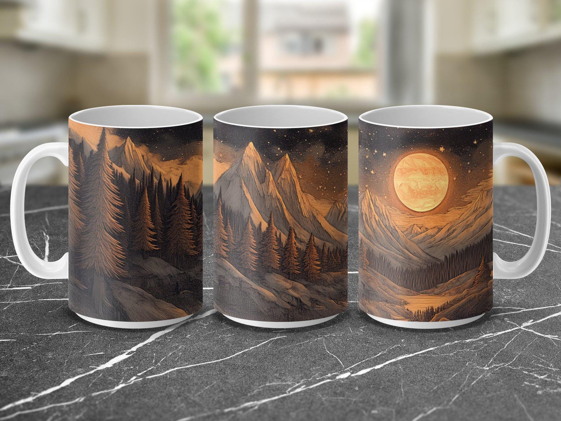 Scenic Mountain Forest and Moon Mug, Nature Inspired Coffee Cup, Unique Artistic Gift, Outdoor Adventure Drinkware, Ceramic Mug