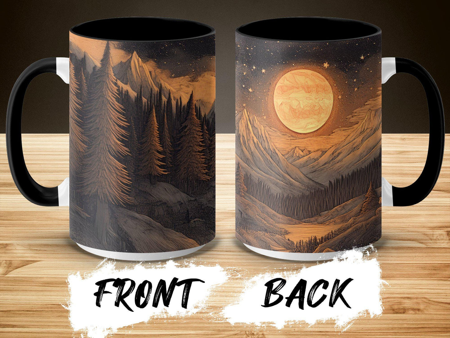 Scenic Mountain Forest and Moon Mug, Nature Inspired Coffee Cup, Unique Artistic Gift, Outdoor Adventure Drinkware, Ceramic Mug