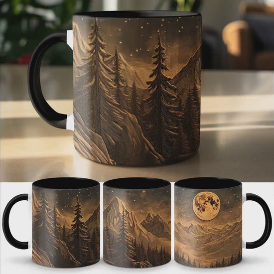 Mountain Moonlight Ceramic Mug, Artistic Woodcut Design, Wrap-Around Landscape Coffee Cup, 11oz & 15oz