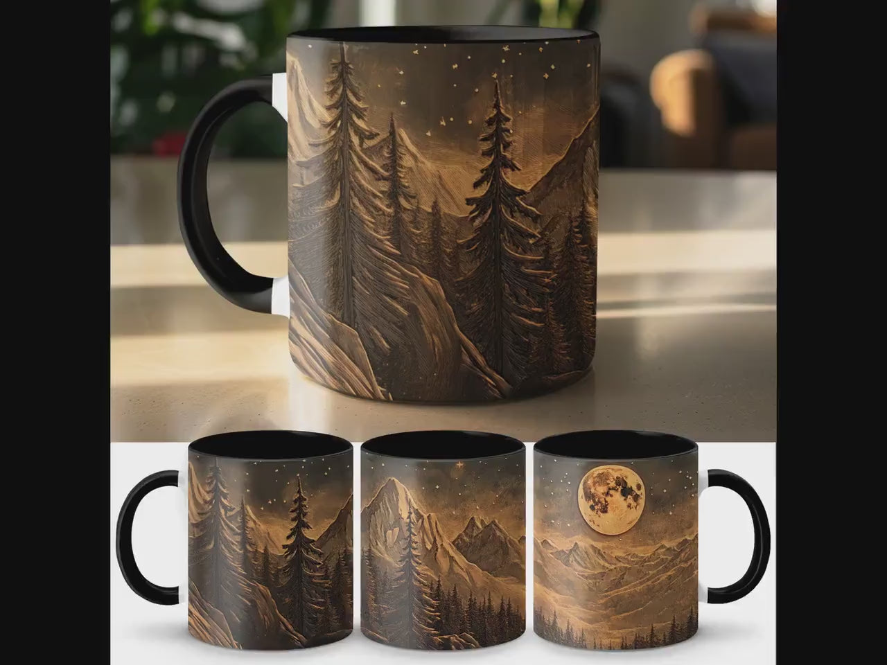 Mountain Moonlight Ceramic Mug, Artistic Woodcut Design, Wrap-Around Landscape Coffee Cup, 11oz & 15oz