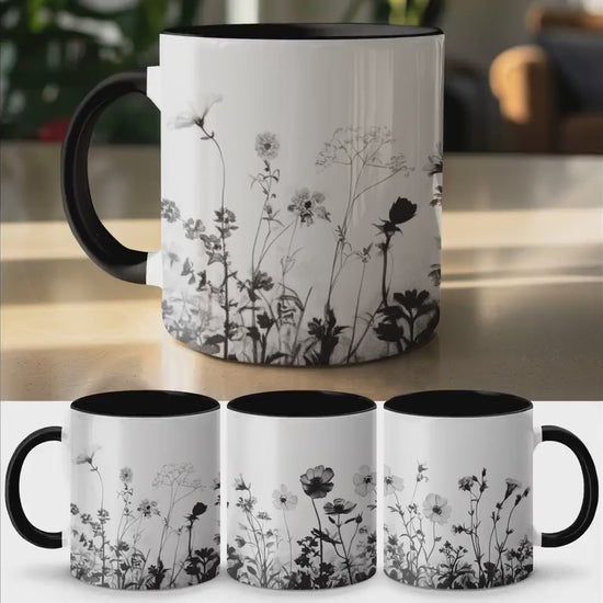 Black and White Floral Mug, Wildflower Sketch Coffee Cup, Botanical Art Tea Mug, Nature Inspired Flower Mug, Unique Gift Idea for Her