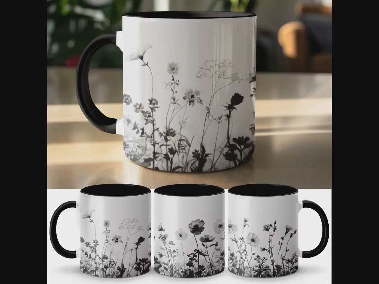 Black and White Floral Mug, Wildflower Sketch Coffee Cup, Botanical Art Tea Mug, Nature Inspired Flower Mug, Unique Gift Idea for Her