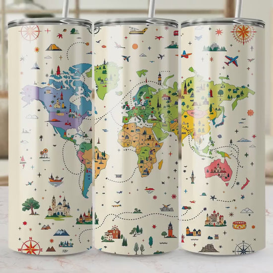 World Map Tumbler, Travel Themed Tumbler, Adventure Map Tumbler, Colorful World Travel Mug, Wanderlust Tumbler, Gift for Travelers