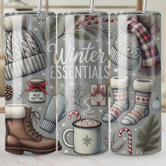 Winter Essentials Tumbler with Cozy Hot Chocolate Winter Accessories Festive Mugs Warm Mittens Cute Socks Great Gift Idea