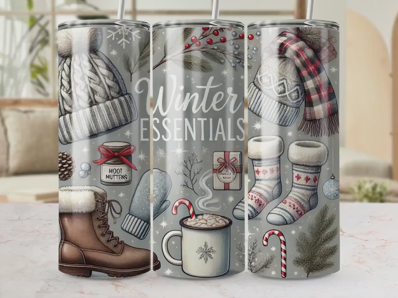 Winter Essentials Tumbler with Cozy Hot Chocolate Winter Accessories Festive Mugs Warm Mittens Cute Socks Great Gift Idea