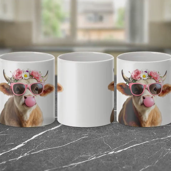 Flower Crown Baby Cow Mug, Bubblegum Art Coffee Cup, 11oz & 15oz Ceramic Mug, Adorable Farm Animal Gift