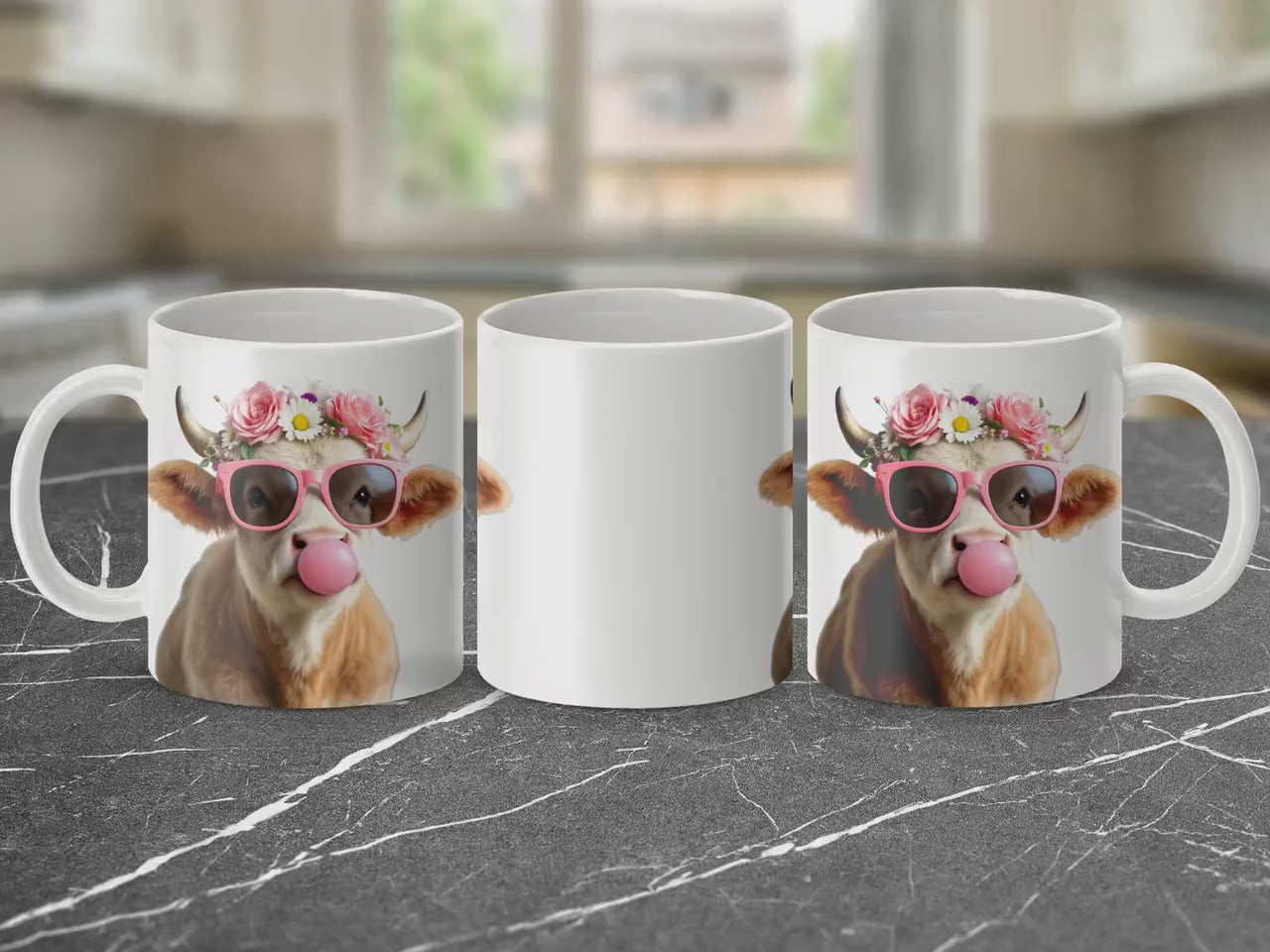 Flower Crown Baby Cow Mug, Bubblegum Art Coffee Cup, 11oz & 15oz Ceramic Mug, Adorable Farm Animal Gift