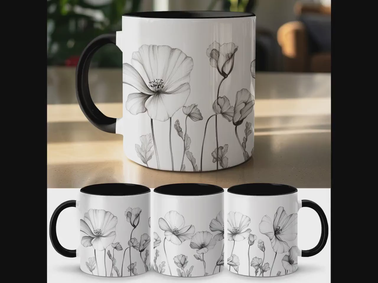 Floral Sketch Mug, Black and White Flower Mug, Botanical Art Mug, Artistic Flower Design Mug, Modern Floral Coffee Cup