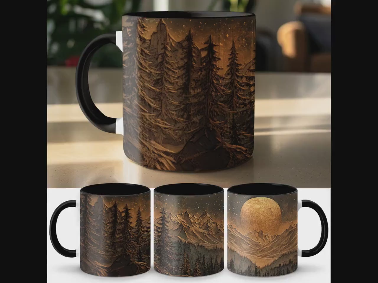 Mountain Moonlit Forest Mug, 11oz & 15oz Ceramic Wrap-Around Coffee Cup, Artistic Woodcut-Style Design