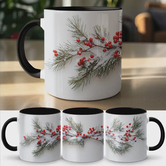 Winter Evergreen and Berries Mug, Snowy Wrap Design, Ceramic Coffee Cup, 11oz & 15oz