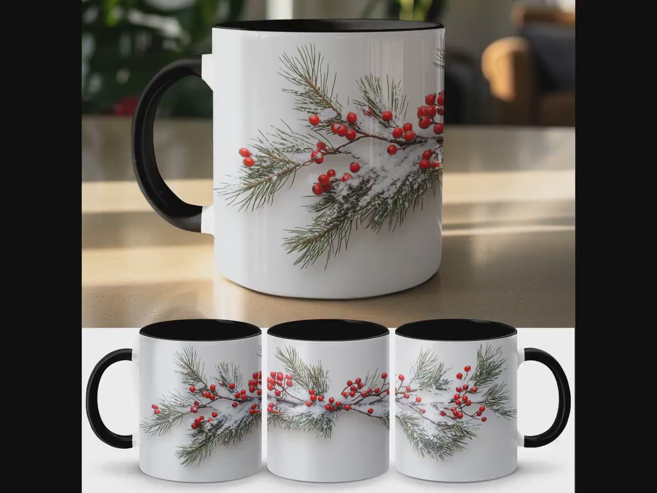 Winter Evergreen and Berries Mug, Snowy Wrap Design, Ceramic Coffee Cup, 11oz & 15oz