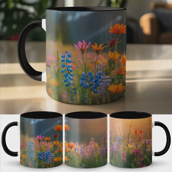 Colorful Wildflowers Sunrise Mug, Nature Inspired Coffee Cup, Vibrant Floral Scene, Perfect Gift for Flower Lovers, Artistic Mug