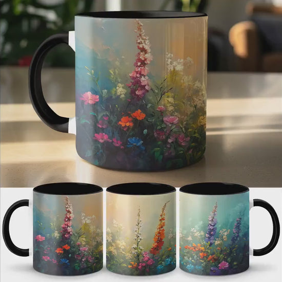 Colorful floral garden mug, Bright flower artwork mug, Vibrant nature inspired coffee mug, Unique artistic tea mug, Spring bloom cup