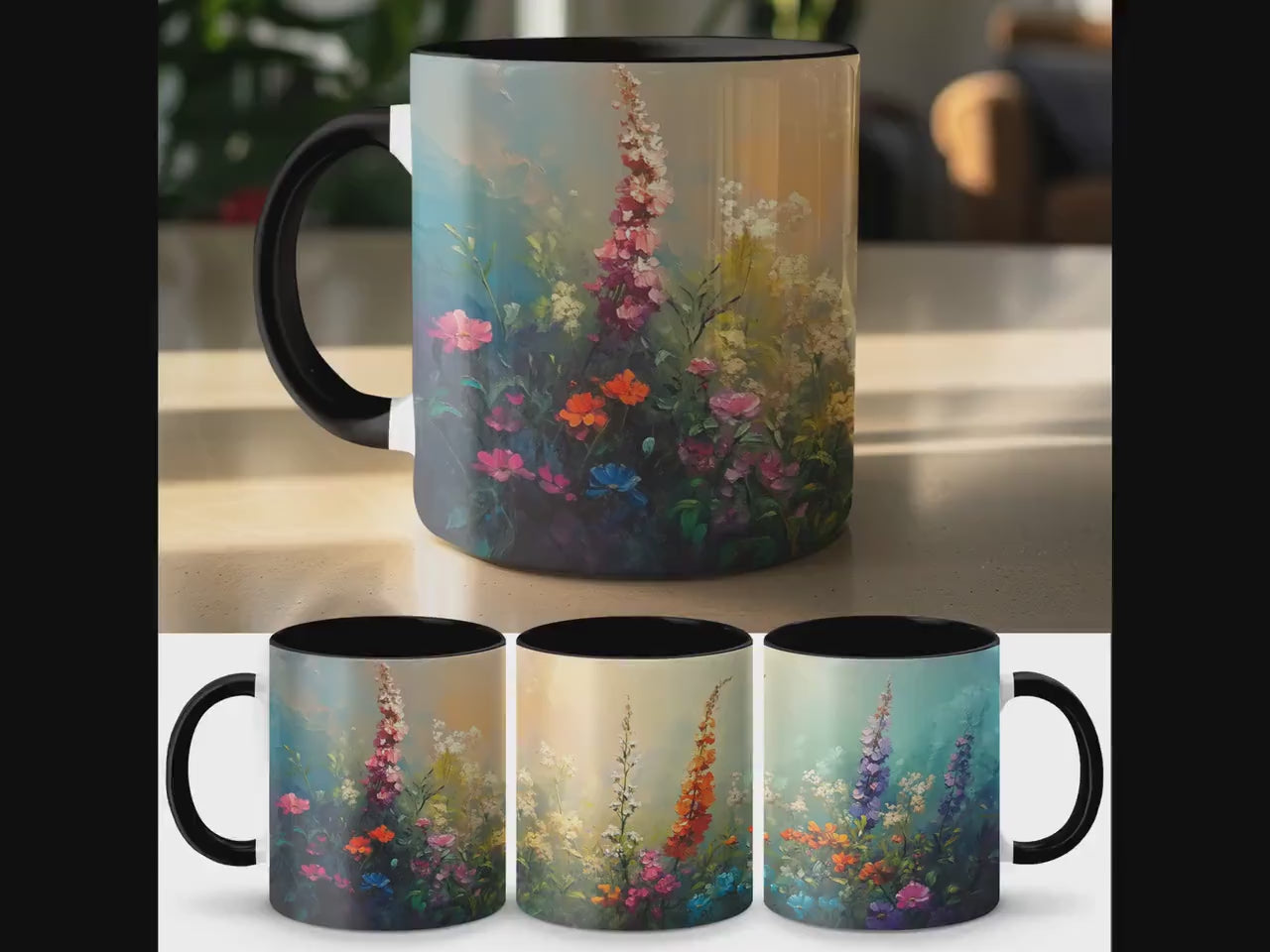 Colorful floral garden mug, Bright flower artwork mug, Vibrant nature inspired coffee mug, Unique artistic tea mug, Spring bloom cup