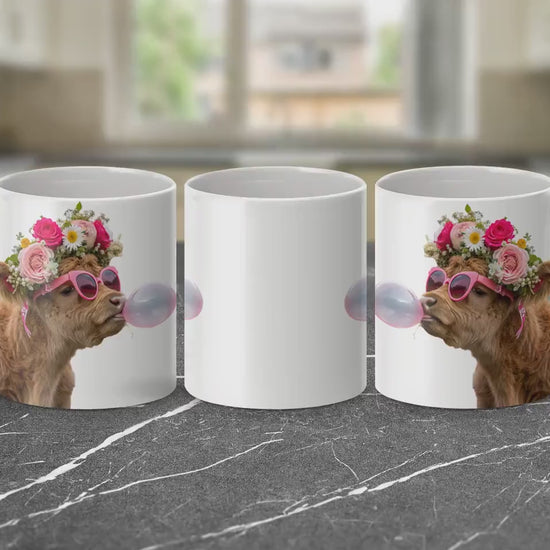 Highland Cow with Flower Crown Mug, Bubblegum Art Design, 11oz & 15oz Ceramic Mug, Farm Animal Coffee Cup