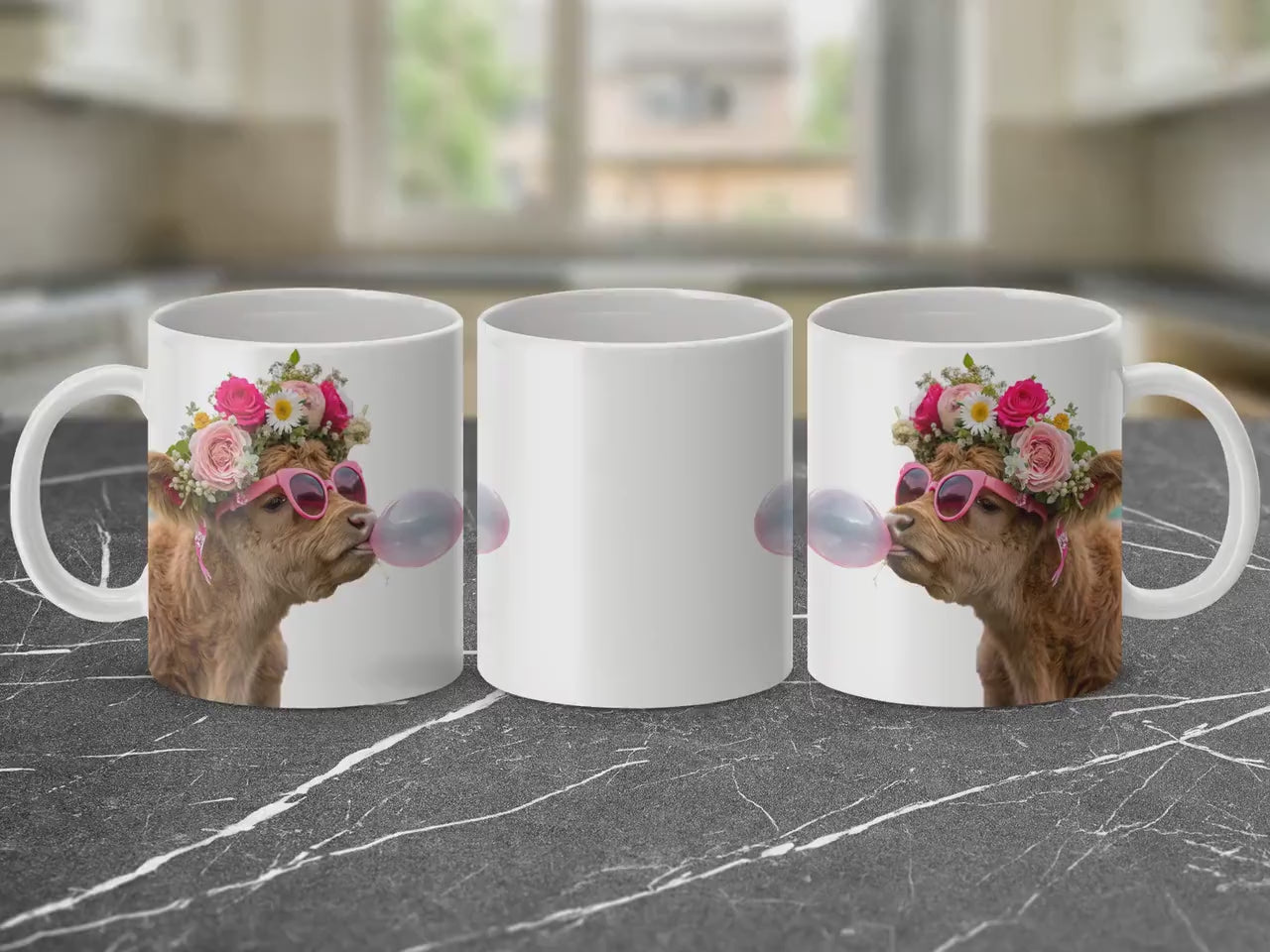 Highland Cow with Flower Crown Mug, Bubblegum Art Design, 11oz & 15oz Ceramic Mug, Farm Animal Coffee Cup